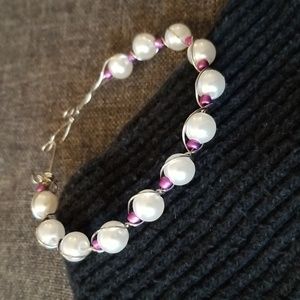 Pearl Bangle Bracelet With Purple Bead Accents.